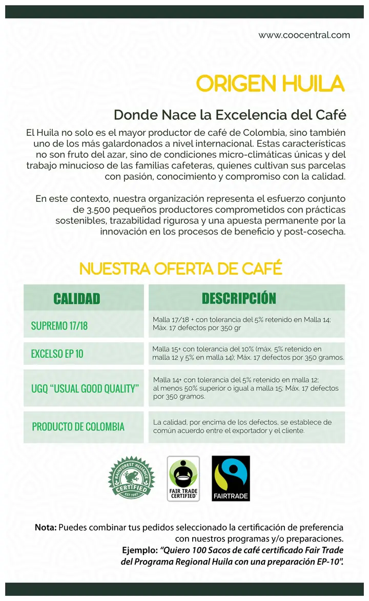 Página 4: www.coocentral.com ORIGEN HUILA El Huila no solo es el mayor productor de café de Colombia, sino también uno d